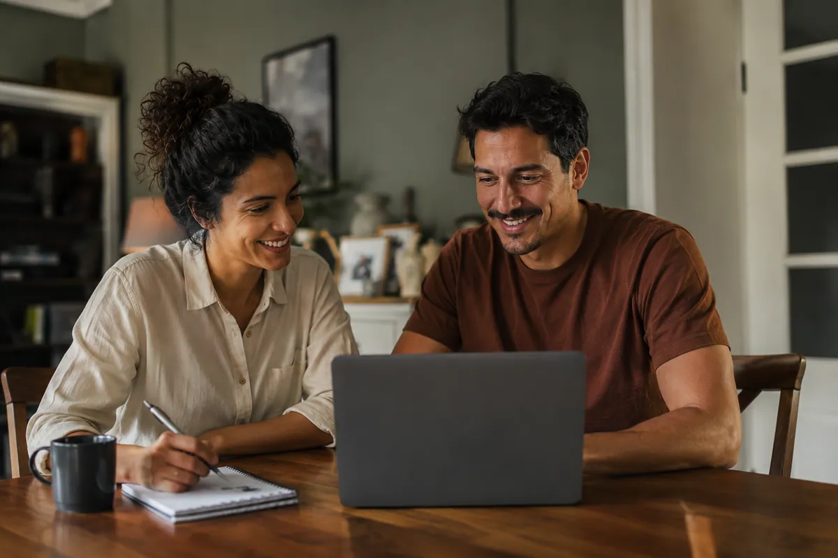 Casal aprendendo junto no computador em casa