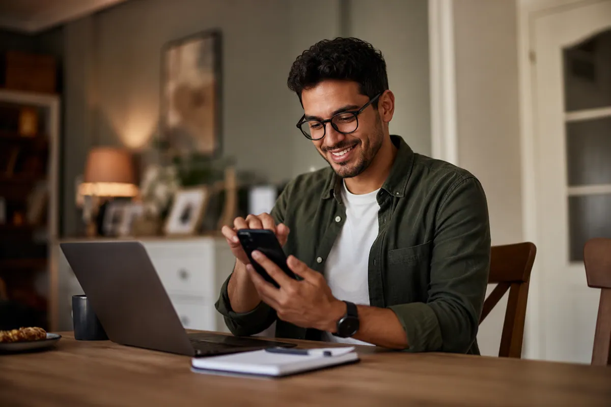 Homem em casa mexendo no celular, sorrindo